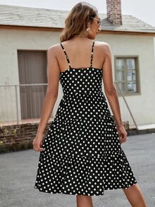 波點圖案荷葉邊吊帶連衣裙 - 黑色 - 查看 2