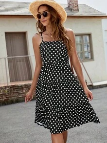 波點圖案荷葉邊吊帶連衣裙 - 黑色 - 查看 3