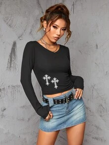 Vượt qua In Áo phông Crop - màu đen - Xem 4