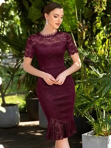 MIUSOL 魚尾裙下擺花卉蕾絲派對酒會禮服