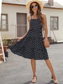 波點圖案荷葉邊吊帶連衣裙 - 黑色 - 查看 6