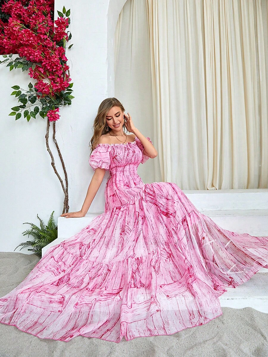 Vestido con estampado de hombros descubiertos bajo con fruncido - Rosa - Ver 1