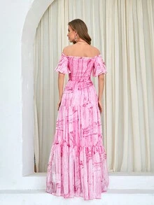 Vestido con estampado de hombros descubiertos bajo con fruncido - Rosa - Ver 2