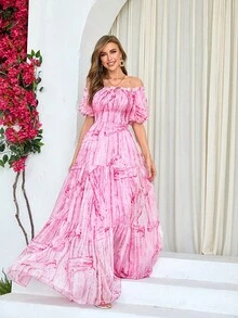 Vestido con estampado de hombros descubiertos bajo con fruncido - Rosa - Ver 3