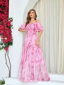 Vestido con estampado de hombros descubiertos bajo con fruncido - Rosa - Ver 4