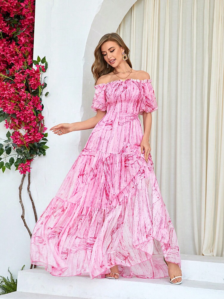 Allover Print Off Shoulder Ruffle Hem Dress - Pink - View 5