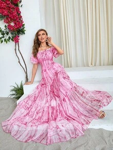 Vestido con estampado de hombros descubiertos bajo con fruncido - Rosa - Ver 6