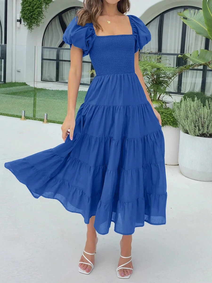 Puff Sleeve Shirred Bodice Ruffle Hem Dress - Blue - View 1