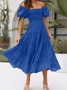 Puff Sleeve Shirred Bodice Ruffle Hem Dress - Blue - View 3