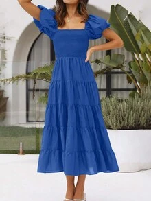 Puff Sleeve Shirred Bodice Ruffle Hem Dress - Blue - View 4
