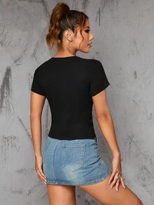 Rhinestone Chi tiết In Đồ họa Áo thun - màu đen - Xem 2