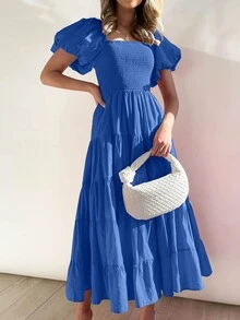 Puff Sleeve Shirred Bodice Ruffle Hem Dress - Blue - View 5