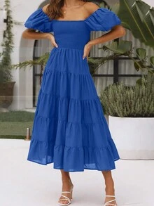 Puff Sleeve Shirred Bodice Ruffle Hem Dress - Blue - View 6