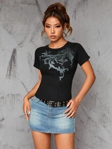 Rhinestone Chi tiết In Đồ họa Áo thun - màu đen - Xem 4