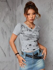 In Sao Cổ v Áo thun - Xám - Xem 6