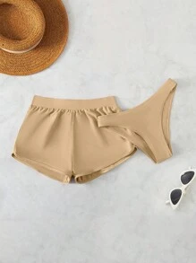 素色泳衣下裝帶短褲 - 杏色 - 查看 1