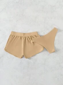 素色泳衣下裝帶短褲 - 杏色 - 查看 2