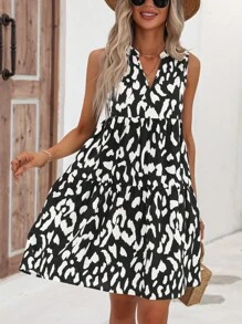 SHEIN LUNE In Toàn bộ Cổ có Lỗ hổng Xù Hoa Sen Váy Smock - Đen và trắng - Xem 4