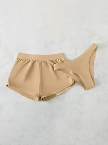 素色泳衣下裝帶短褲 - 杏色 - 查看 5