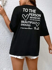 Flirla Plus Slogan Graphic Drop Shoulder Tee TO THE PERSON BEHIND ME YOU ARE AMAZING, BEAUTIFUL ENOUGH Remember That Graphic Tees Women Tops - Black - View 3