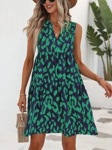 SHEIN VCAY 滿版印花缺口領荷葉邊娃娃裙 - 彩色 - 查看 6