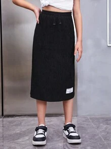 SHEIN Girls Letter Patched Detail Straight Skirt - Black - View 5