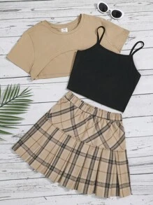 SHEIN Leap Crew 青少年女孩前短後長T恤&格紋百褶半身裙&吊帶上衣