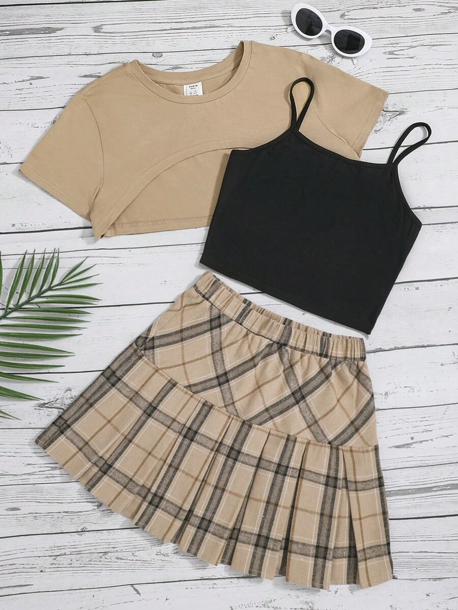 SHEIN Leap Crew 青少年女孩前短後長T恤&格紋百褶半身裙&吊帶上衣
