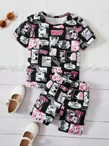 SHEIN 小女童卡通圖案T恤和短褲 - 彩色 - 查看 1