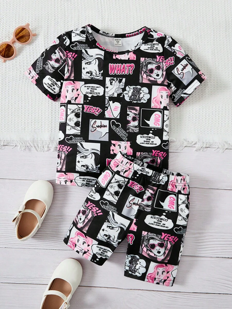 SHEIN 小女童卡通圖案T恤和短褲 - 彩色 - 查看 1