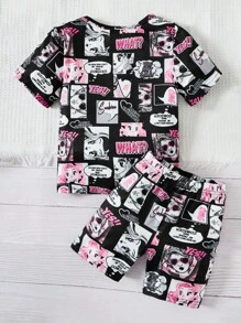 SHEIN 小女童卡通圖案T恤和短褲 - 彩色 - 查看 2