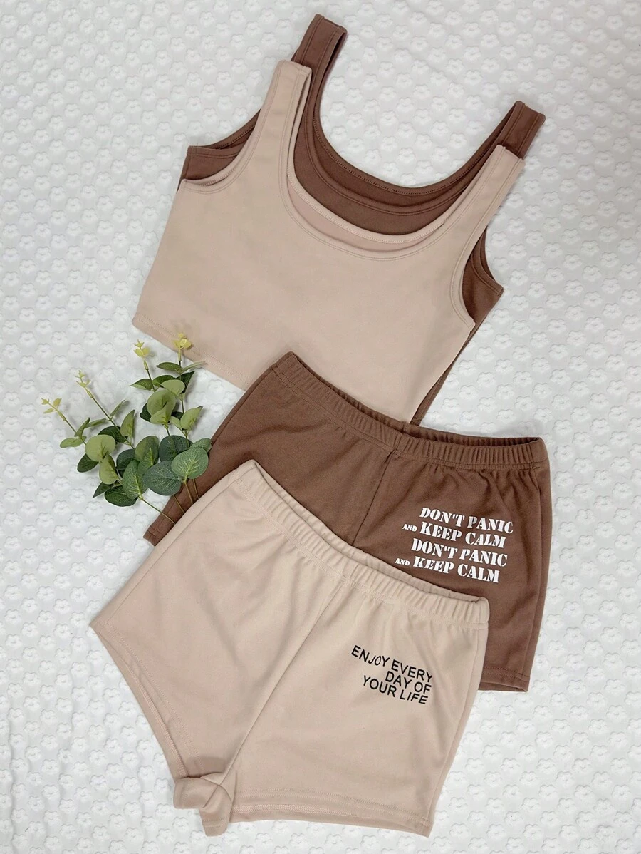 2入組標語圖案背心上衣&短褲睡衣套裝 - 彩色 - 查看 1