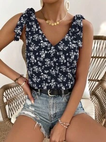 SHEIN Frenchy Áo khoác và áo lót dành cho xe tăng nữ Thắt nút Họa tiết hoa Boho - Màu xanh hải quân - Xem 1