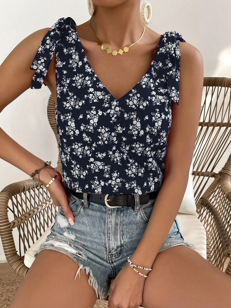 SHEIN Frenchy Áo khoác và áo lót dành cho xe tăng nữ Thắt nút Họa tiết hoa Boho - Màu xanh hải quân - Xem 1