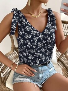 SHEIN Frenchy Áo khoác và áo lót dành cho xe tăng nữ Thắt nút Họa tiết hoa Boho - Màu xanh hải quân - Xem 4