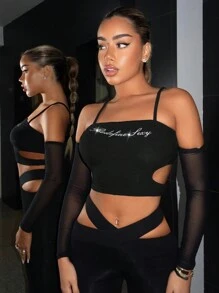 SHEIN ICON 字母圖案透視網紗袖鏤空短款T恤 - 黑色 - 查看 5