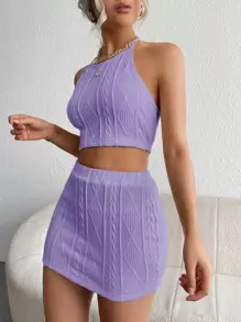 SHEIN Essnce Bộ đồ hai mảnh nữ Lộ Lưng Buộc lại màu trơn Gợi cảm - Màu Lilac Tím - Xem 3
