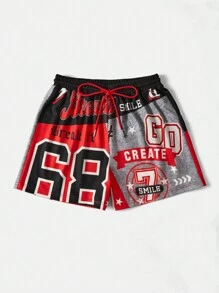 SHEIN EZwear 字母圖案腰部抽繩短褲 - 彩色 - 查看 3