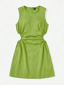 SHEIN EZwear 鏤空側收褶連衣裙 - 青檸色 - 查看 3