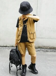 SHEIN 男孩翻蓋口袋夾克背心和短褲 - 卡其色 - 查看 1