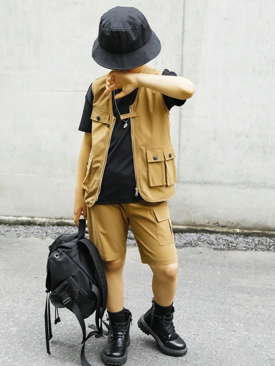 SHEIN 男孩翻蓋口袋夾克背心和短褲 - 卡其色 - 查看 1