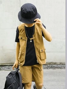 SHEIN 男孩翻蓋口袋夾克背心和短褲 - 卡其色 - 查看 3