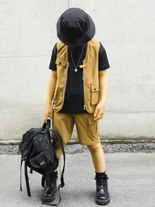 SHEIN 男孩翻蓋口袋夾克背心和短褲 - 卡其色 - 查看 4