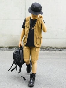 SHEIN 男孩翻蓋口袋夾克背心和短褲 - 卡其色 - 查看 7