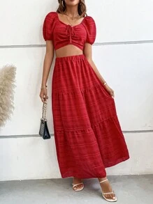 SHEIN VCAY Top crop con cordón delantero & Falda bajo con fruncido - Rojo - Ver 3