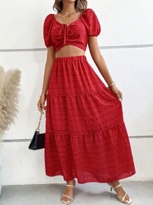 SHEIN VCAY Top crop con cordón delantero & Falda bajo con fruncido - Rojo - Ver 5