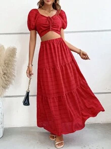 SHEIN VCAY Top crop con cordón delantero & Falda bajo con fruncido - Rojo - Ver 6