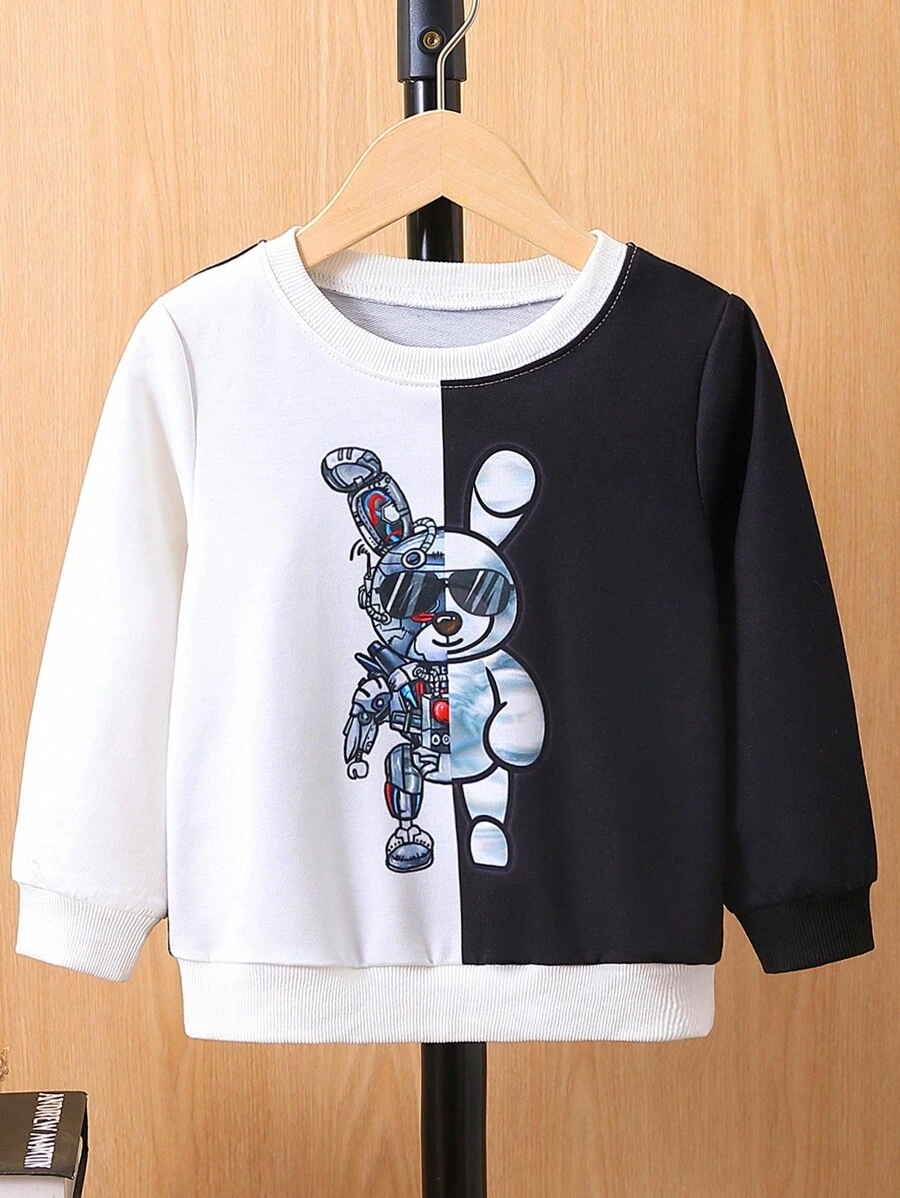 SHEIN Chàng trai trẻ Hai âm Đồ họa Hoạt hình Áo nỉ - Đen và trắng - Xem 1