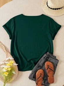 INAWLY Plus Solid V Neck Tee - Dark Green - View 2