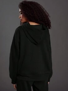 SHEIN Coolane 字母和卡通圖案落肩袖抽繩連帽衫 - 黑色 - 查看 2